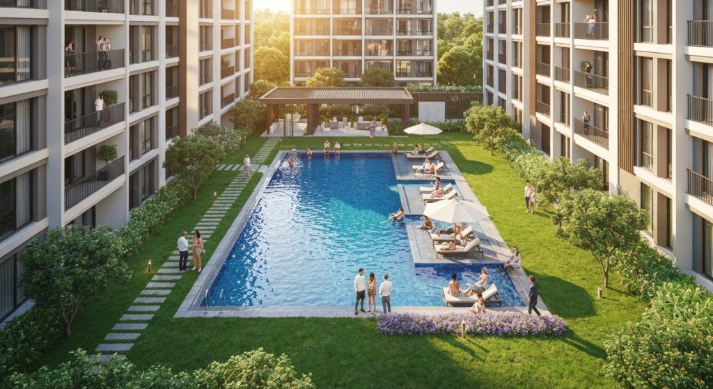 Moradores em condomínio interagindo harmoniosamente em áreas comuns