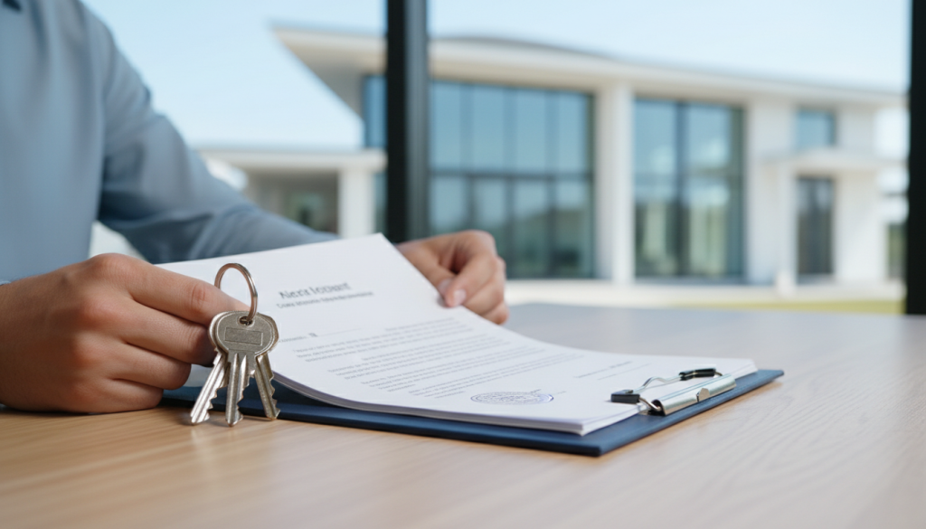 Mãos segurando documentos e chaves de casa durante a compra de um imóvel