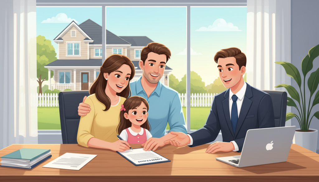 Família feliz assinando contrato de compra de imóvel