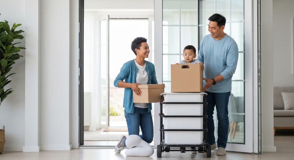 Família desempacotando em nova casa após mudança profissional