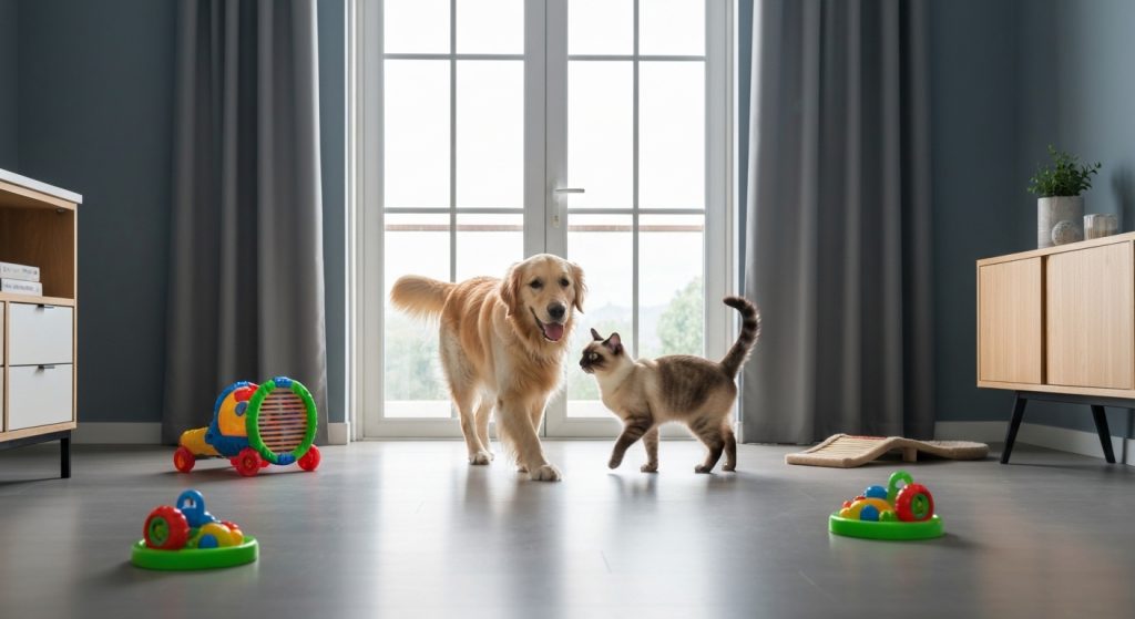 Cachorro e gato brincando juntos em apartamento com brinquedos de enriquecimento ambiental