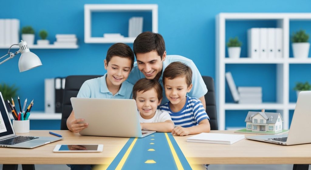 Família feliz planejando a compra de um imóvel