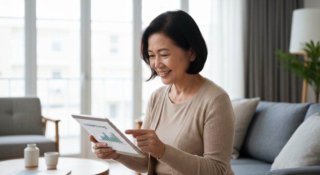 Pessoa analisando simulação de financiamento imobiliário em tablet.