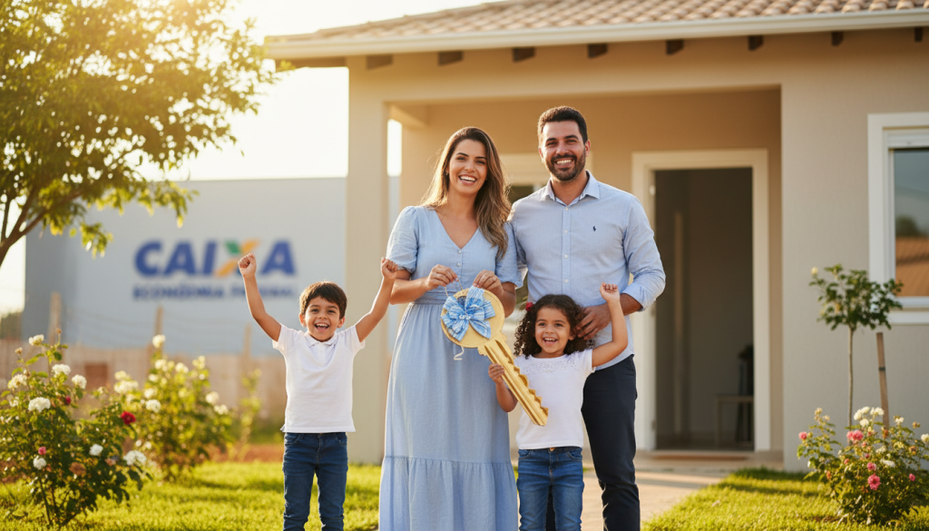 Família feliz celebra a compra de casa nova com chaves na mão