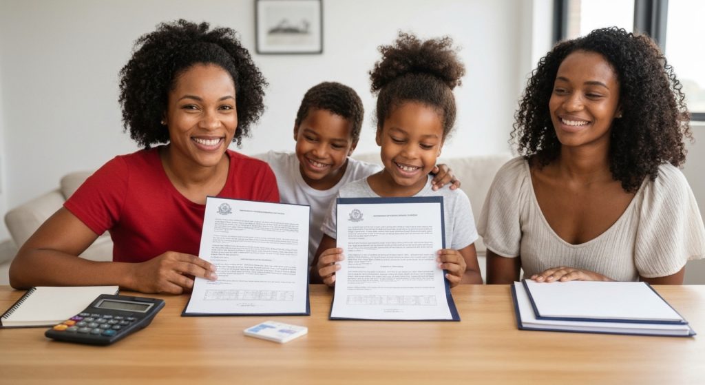 Família feliz com documentos de compra de imóvel e representação de planejamento financeiro.