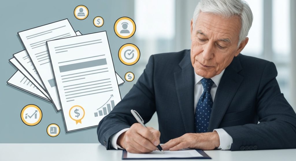 Pessoa assinando contrato de financiamento com preocupação.