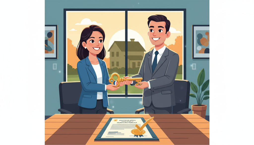 Casal recebendo chaves de imóvel com documento de registro