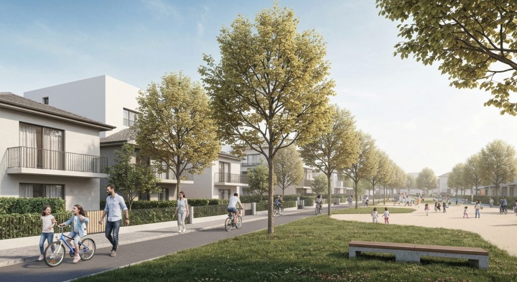 Família feliz em um bairro seguro e bem estruturado para criar filhos