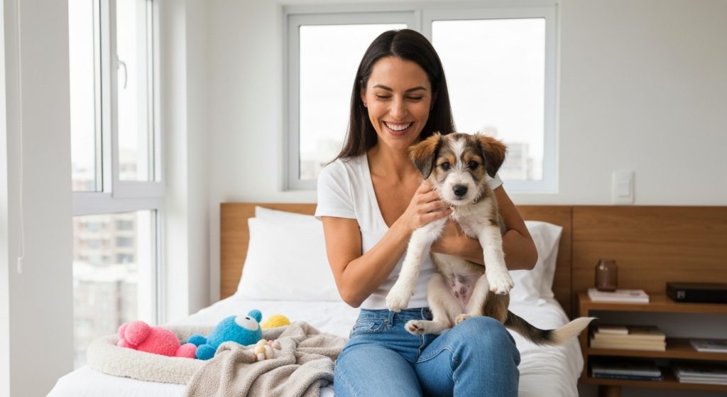 Pessoa feliz com cachorro pequeno em apartamento
