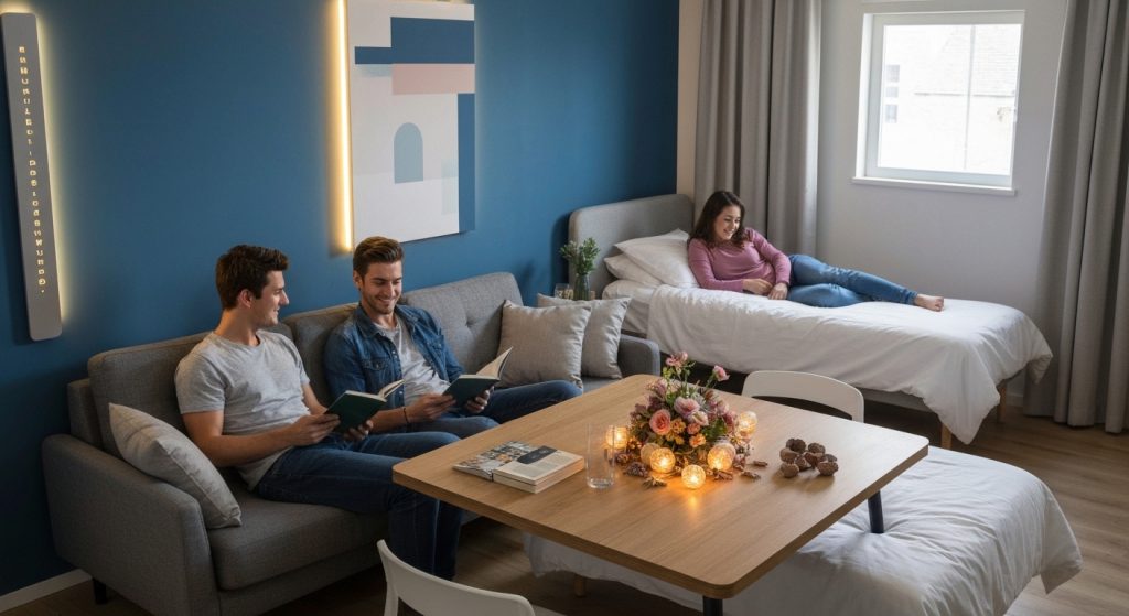 Apartamento moderno e funcional com móveis versáteis.