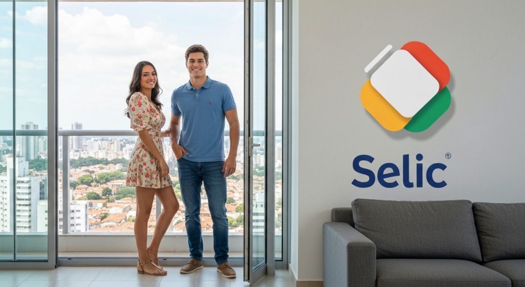 Casal com chaves do imóvel celebrando conquista com gráfico de Selic alta