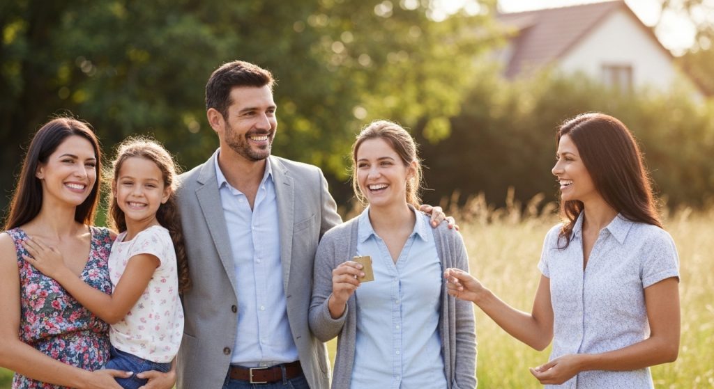 Família recebendo chaves de casa nova após financiamento imobiliário