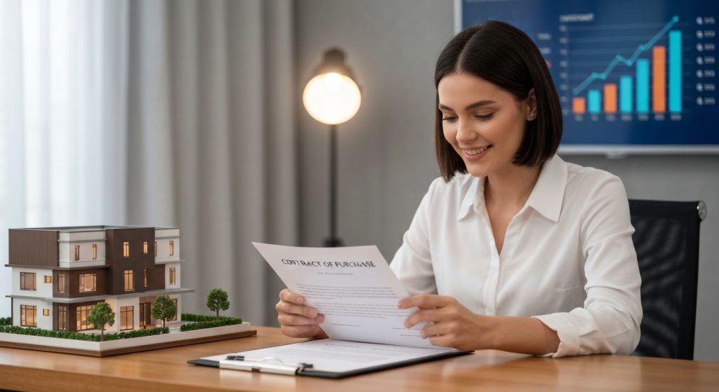 Persona analisando contrato de compra de imóvel com confiança