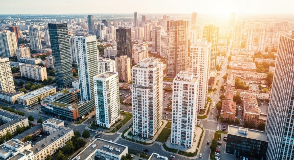 Vista aérea de uma cidade moderna com apartamentos compactos.