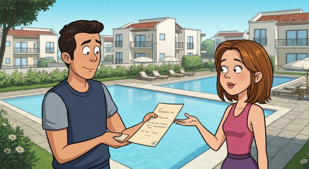 Vizinhos discutindo regras de condomínio, com uma solução sendo apresentada.