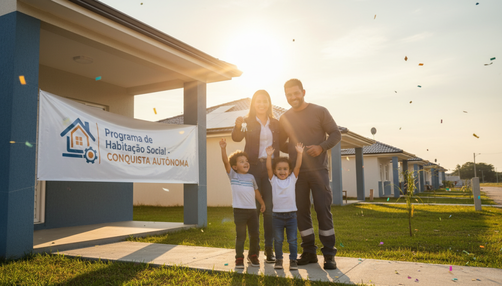 Família feliz conquistando a casa própria com financiamento para autônomos