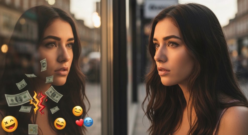 Pessoa resistindo à tentação de compras impulsivas impulsionadas por emoções e marketing.