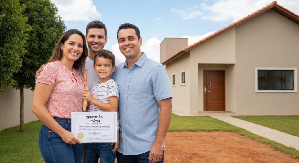 Família celebrando a conquista da casa própria com financiamento imobiliário.