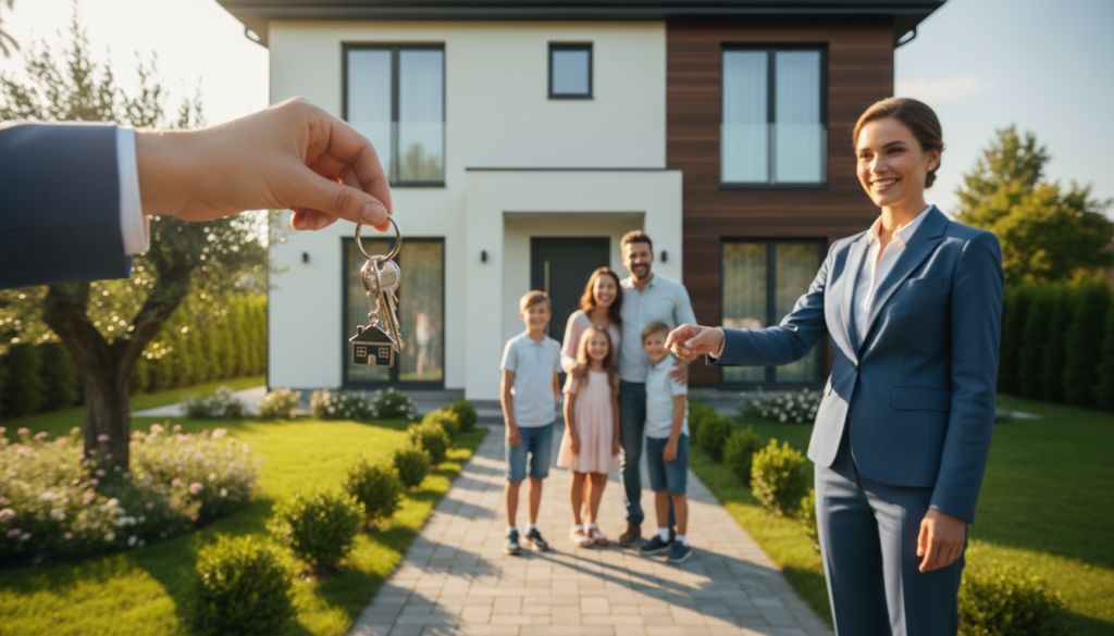 Família feliz recebendo as chaves de uma nova casa após financiamento imobiliário
