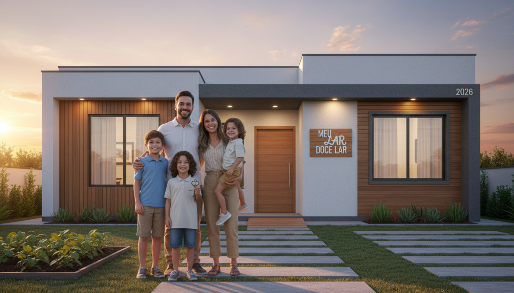 Família feliz em frente à nova casa Minha Casa Minha Vida em 2026.