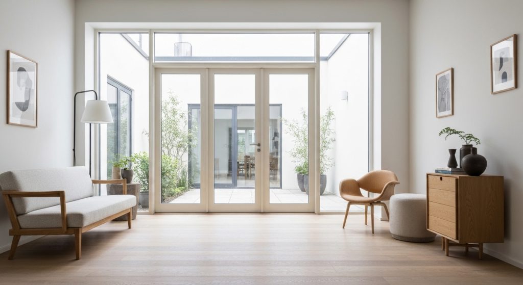 Sala de estar bem organizada e iluminada, pronta para visita de compradores.