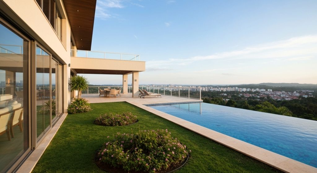 Mansão luxuosa e moderna no Brasil com vista panorâmica.