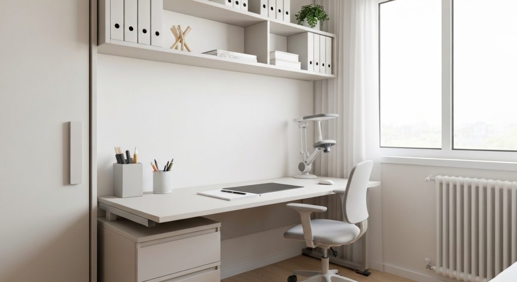 Home office em apartamento pequeno com organização vertical e mesa dobrável