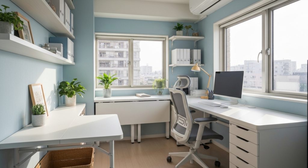 Home office aconchegante em apartamento pequeno com organização vertical e iluminação natural
