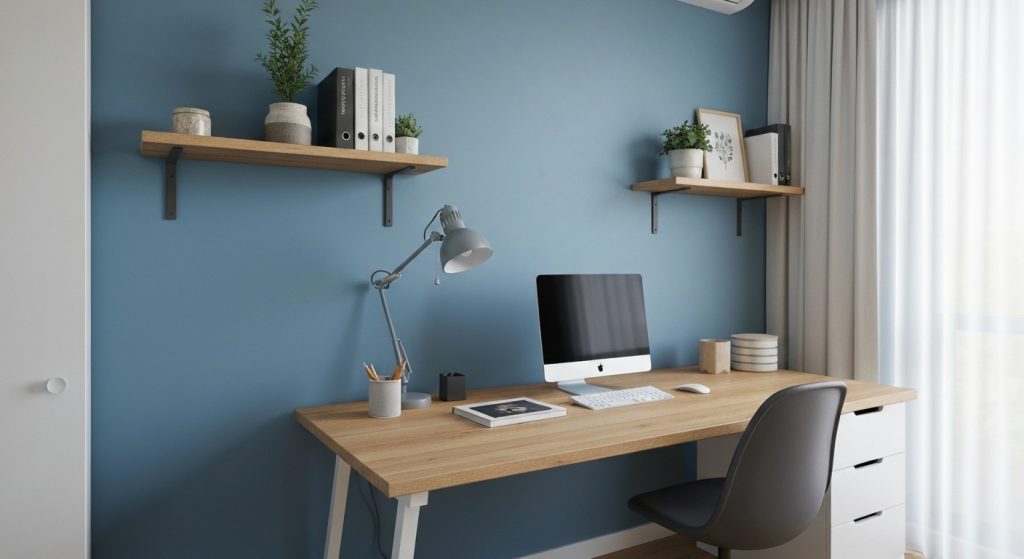 Espaço de home office funcional e organizado em apartamento compacto, com iluminação natural.