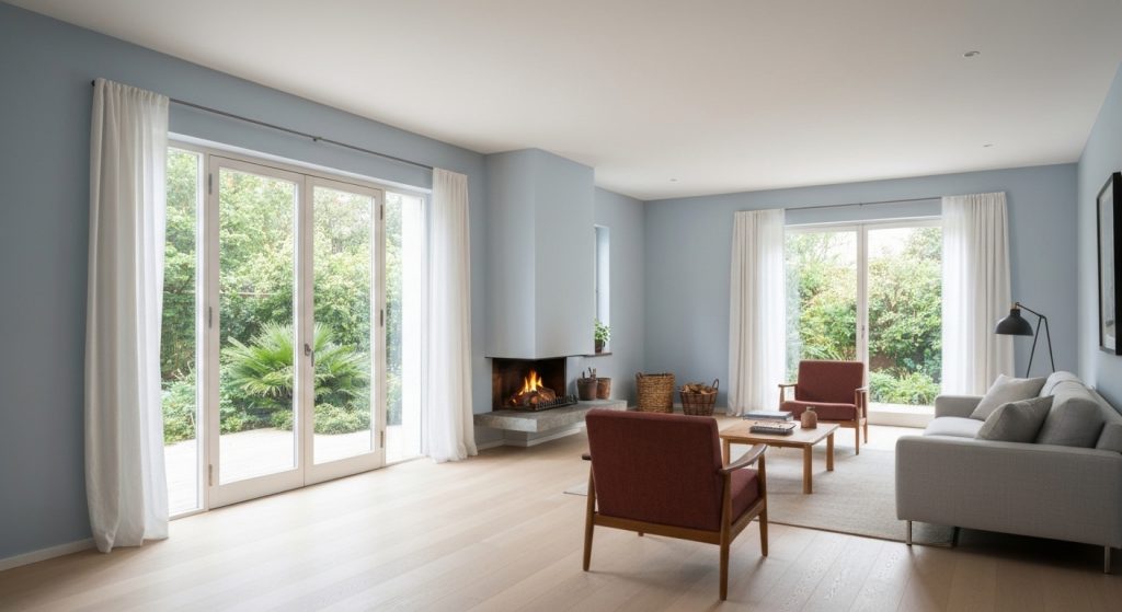 Sala de estar aconchegante iluminada com luz estratégica.