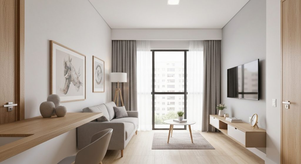 Sala de estar compacta iluminada, com sensação de amplitude.