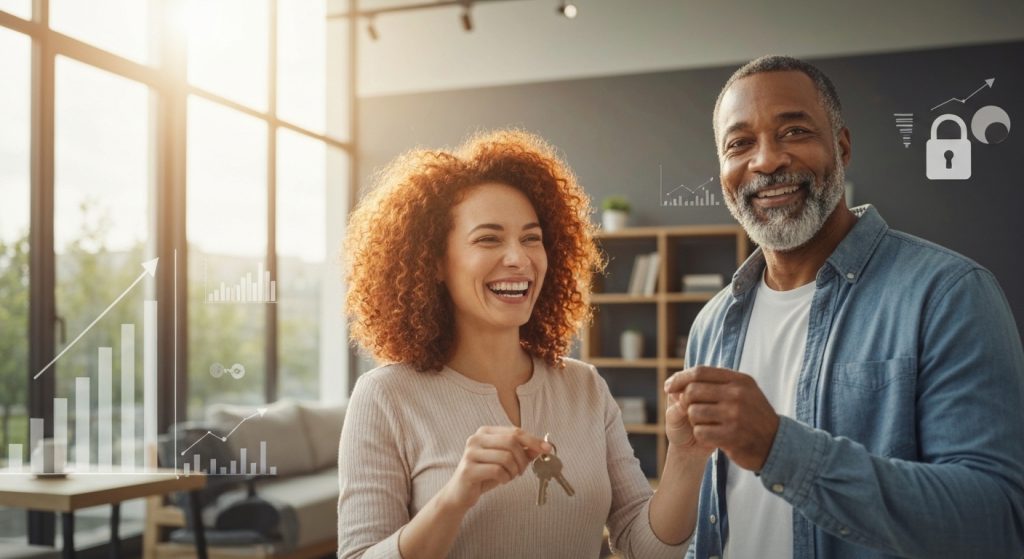 Casal feliz recebendo chaves de um imóvel moderno, simbolizando investimento e renda passiva.
