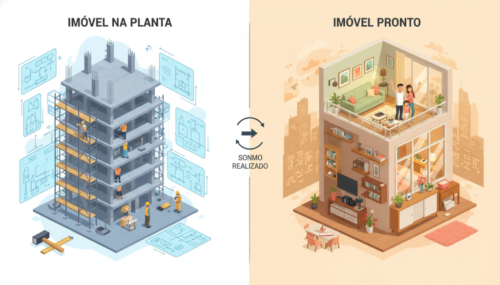Comparativo visual entre apartamento na planta e apartamento pronto para morar