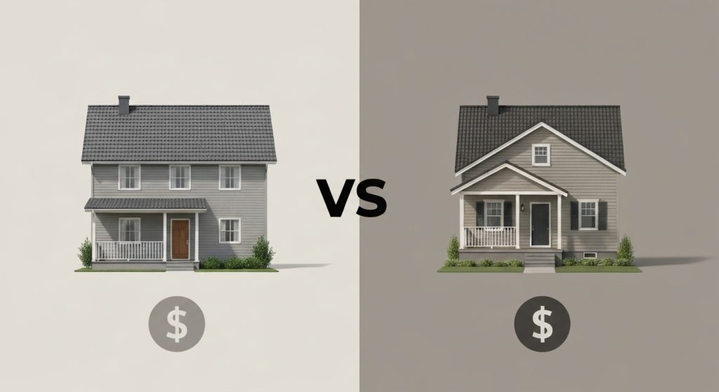 Comparação visual entre um imóvel novo e um usado para análise de custo.
