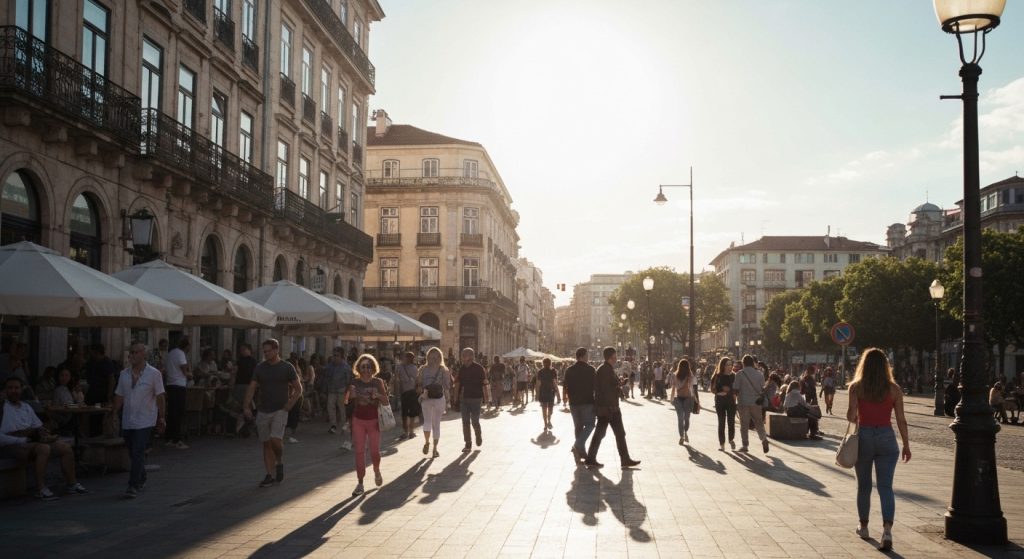 Cenário de desenvolvimento urbano próspero com infraestrutura moderna e áreas verdes, indicando valorização.