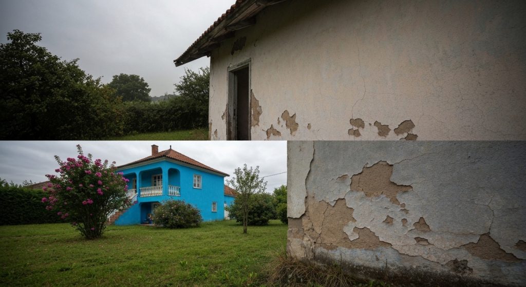 Casa com sinais visíveis de falta de manutenção e desvalorização.