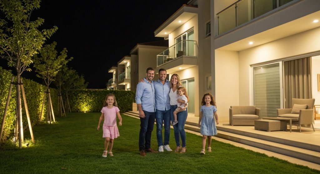 Família feliz com chaves de casa nova em 2026 com queda da Selic