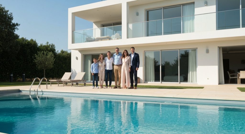 Família comemorando a compra de imóvel com segurança financeira.