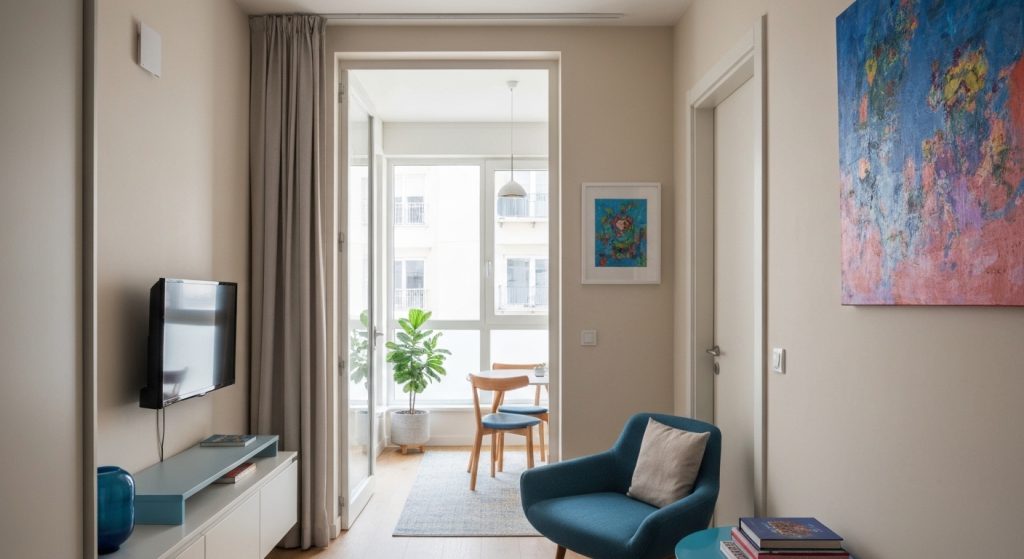 Apartamento pequeno e moderno com paleta de cores suaves e ponto focal vibrante em 2026