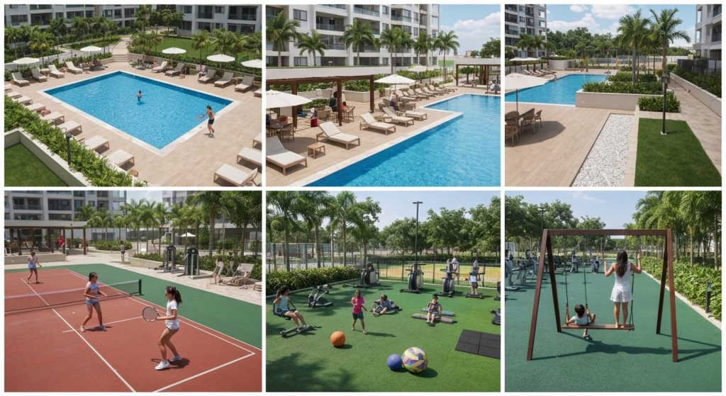 Infraestrutura completa de condomínio clube com áreas de lazer e convivência.