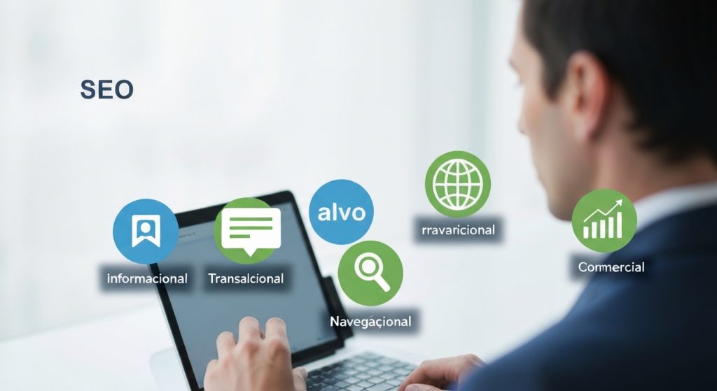 Ilustração conceitual sobre intenção de busca em SEO, com ícones representando diferentes tipos de pesquisa e a jornada do usuário.