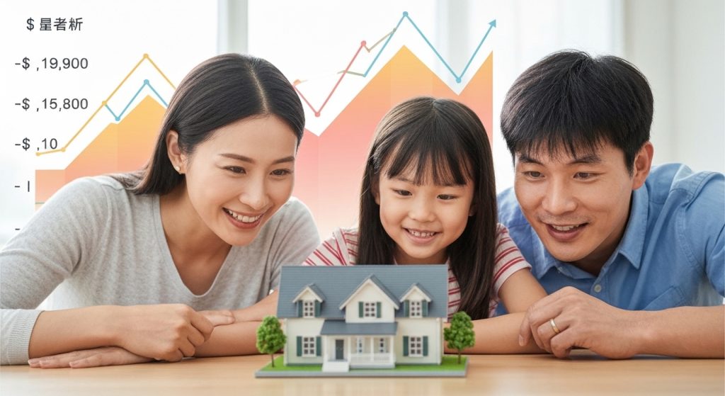 Família analisando modelo de casa como investimento imobiliário a longo prazo