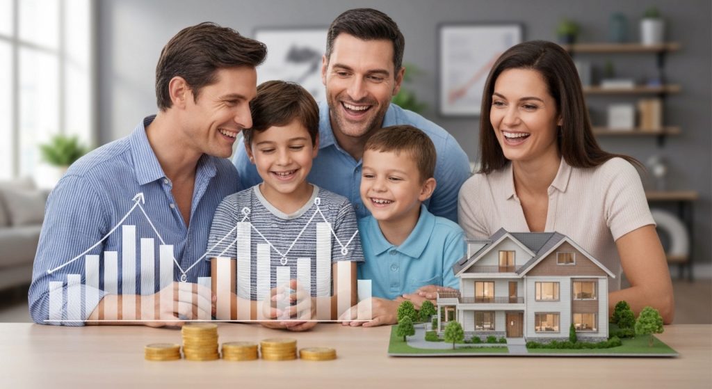 Família analisando modelo de casa com gráficos de investimento