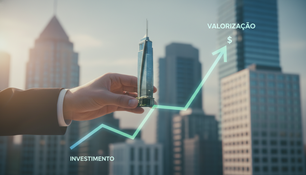 Gráfico de crescimento com planta de imóvel, simbolizando investimento e valorização