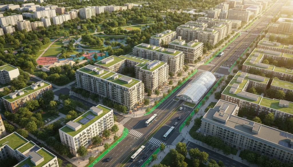 Bairro urbano moderno com infraestrutura completa, parques e transporte eficiente em 2026.