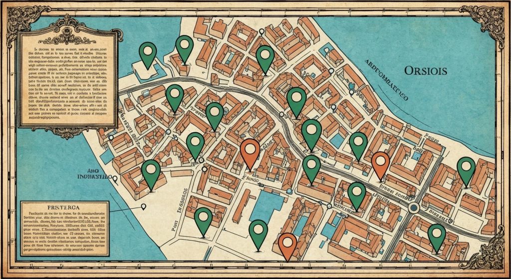 Ilustração de mapa com pinos de localização e lupa, simbolizando a importância da localização para negócios.