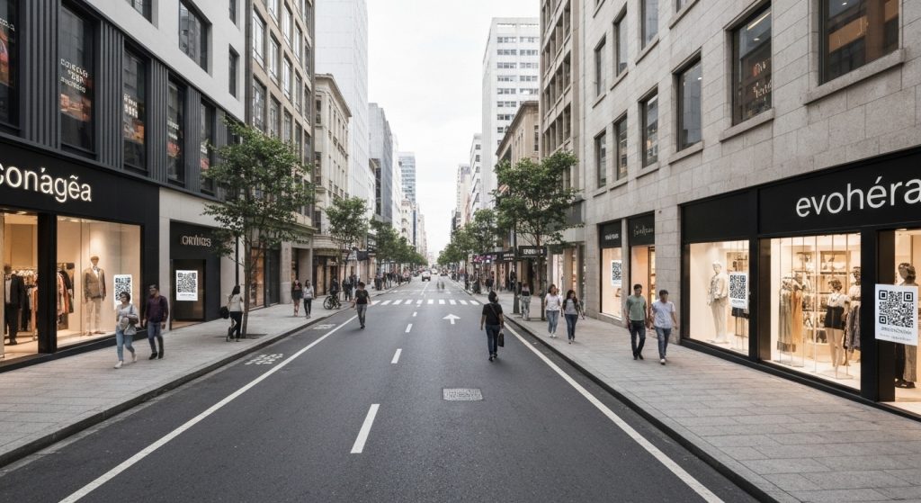 Rua de varejo movimentada em 2026, mostrando a importância da localização física para o sucesso do comércio.