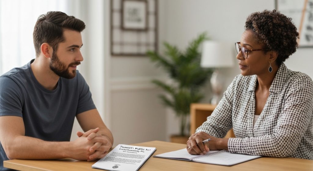 Inquilino e proprietário discutindo manutenção de imóvel alugado