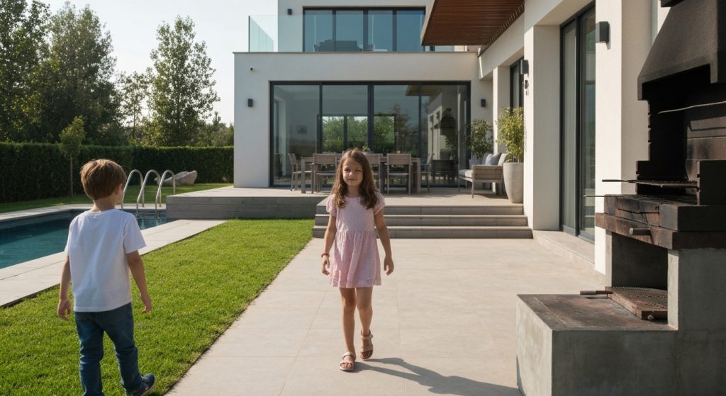 Família feliz em frente a casa ideal para filhos.