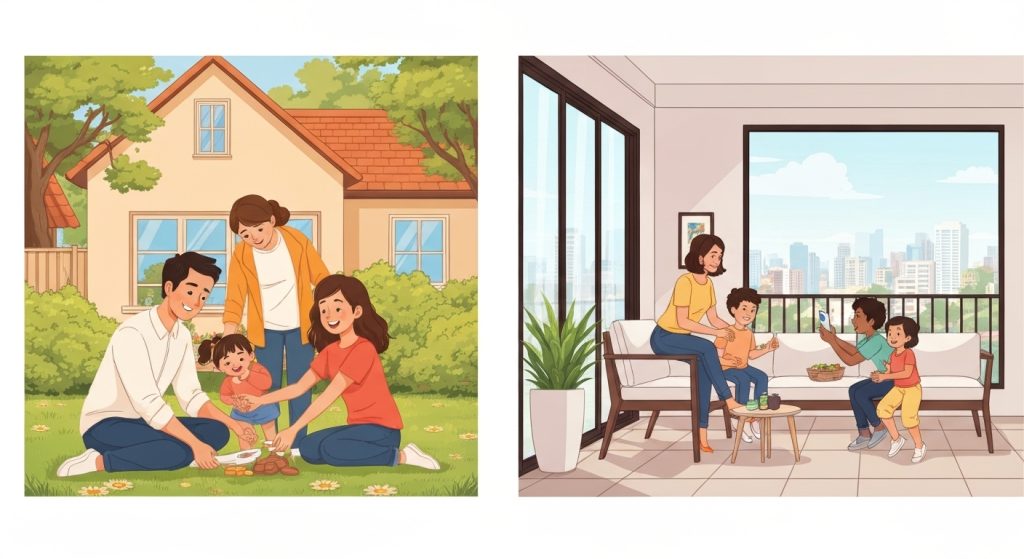 Família feliz em casa e em apartamento, mostrando a escolha ideal para crianças.